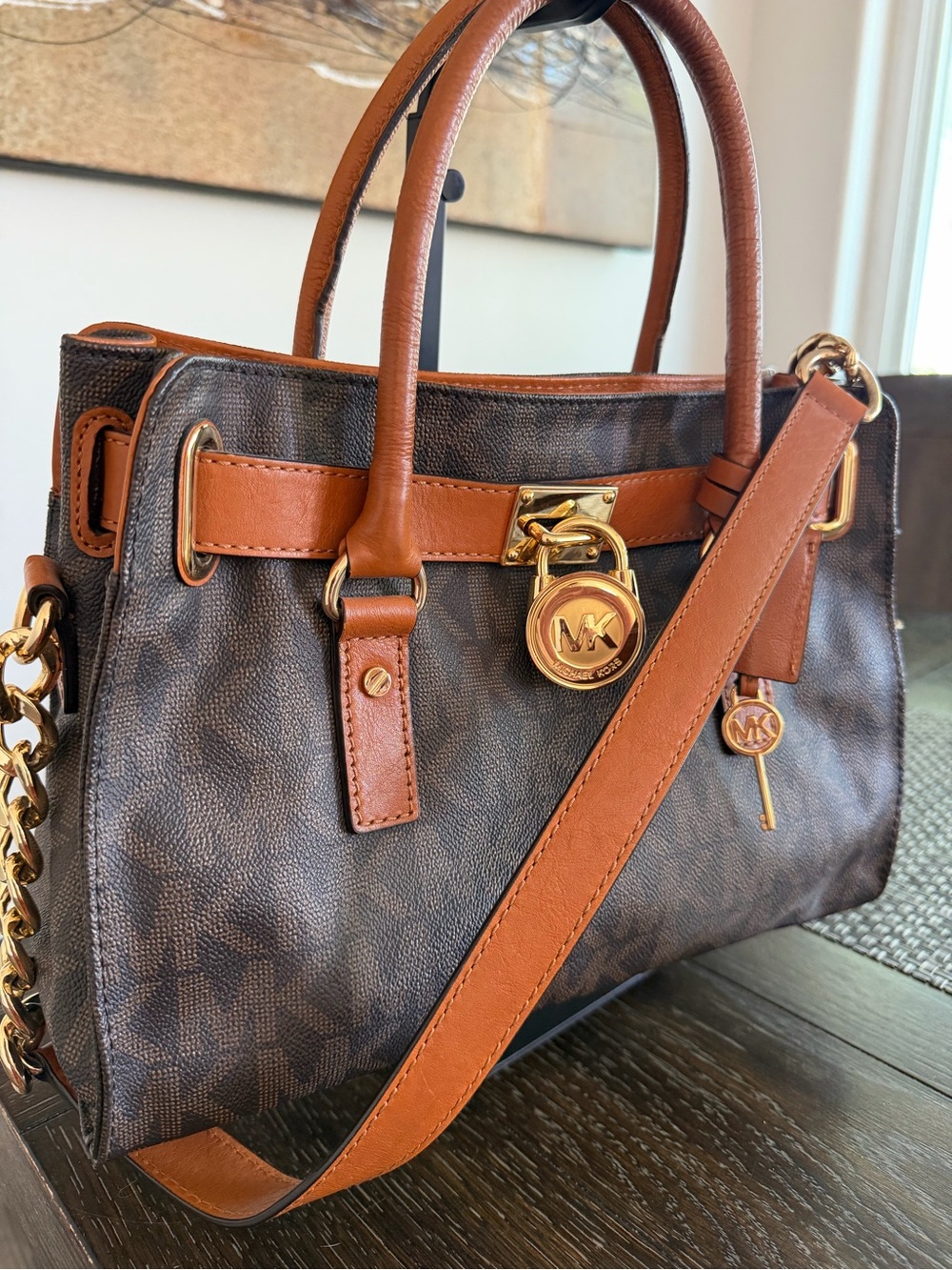 Michael Kors Brown MK Logo Satchel with Tan Trim and Gold Hardware